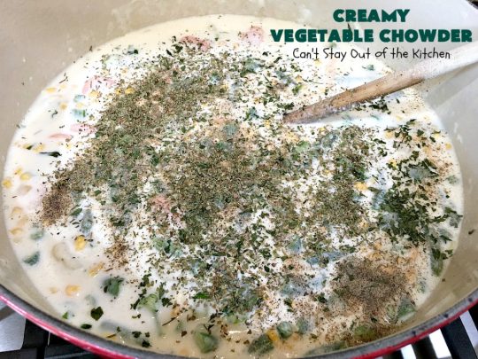 Creamy Vegetable Chowder | Can't Stay Out of the Kitchen | this thick and delicious #chowder is hearty, satisfying and so filling on cold, winter nights. Great comfort food meal. Also wonderful served in bread bowls. #corn #cheese #carrots #asparagus #GreenBeans #soup #CreamyVegetableChowder