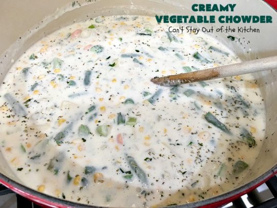 Creamy Vegetable Chowder | Can't Stay Out of the Kitchen | this thick and delicious #chowder is hearty, satisfying and so filling on cold, winter nights. Great comfort food meal. Also wonderful served in bread bowls. #corn #cheese #carrots #asparagus #GreenBeans #soup #CreamyVegetableChowder