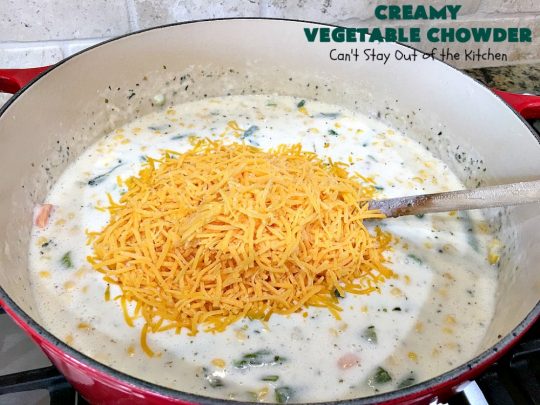 Creamy Vegetable Chowder | Can't Stay Out of the Kitchen | this thick and delicious #chowder is hearty, satisfying and so filling on cold, winter nights. Great comfort food meal. Also wonderful served in bread bowls. #corn #cheese #carrots #asparagus #GreenBeans #soup #CreamyVegetableChowder
