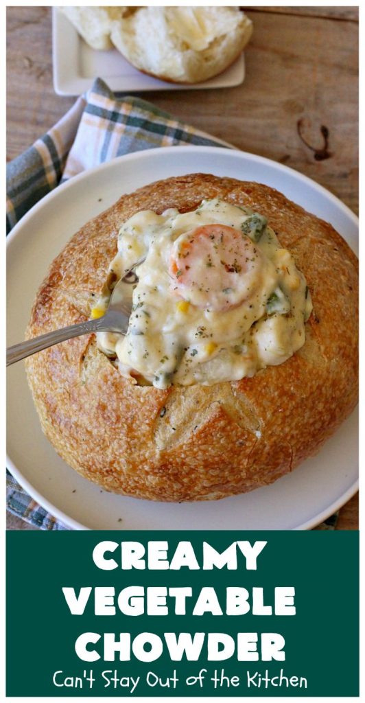 Creamy Vegetable Chowder | Can't Stay Out of the Kitchen | this thick and delicious #chowder is hearty, satisfying and so filling on cold, winter nights. Great comfort food meal. Also wonderful served in bread bowls. #corn #cheese #carrots #asparagus #GreenBeans #soup #CreamyVegetableChowder