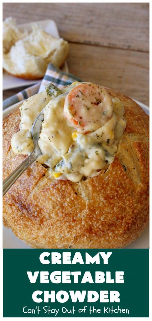 Creamy Vegetable Chowder | Can't Stay Out of the Kitchen | this thick and delicious #chowder is hearty, satisfying and so filling on cold, winter nights. Great comfort food meal. Also wonderful served in bread bowls. #corn #cheese #carrots #asparagus #GreenBeans #soup #CreamyVegetableChowder