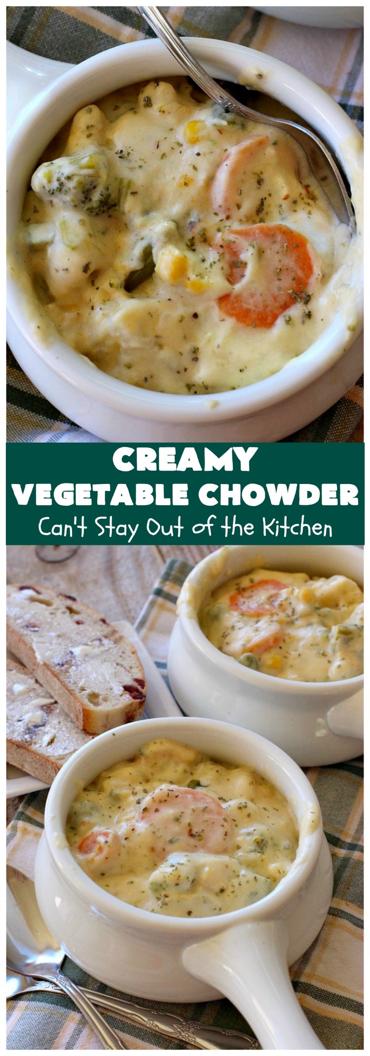 Creamy Vegetable Chowder | Can't Stay Out of the Kitchen | this thick and delicious #chowder is hearty, satisfying and so filling on cold, winter nights. Great comfort food meal. Also wonderful served in bread bowls. #corn #cheese #carrots #asparagus #GreenBeans #soup #CreamyVegetableChowder