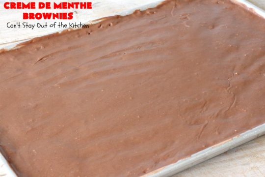 Creme De Menthe Brownies | Can't Stay Out of the Kitchen | these amazing #brownies include #chocolate & #CremeDeMenthe baking chips. They're topped with a luscious #fudge frosting. Perfect for #holiday #baking, #tailgating parties or a #ChristmasCookieExchange. #dessert #ChocolateDessert #HolidayDessert #cookie #CremeDeMentheBrownies