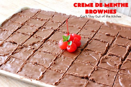 Creme De Menthe Brownies | Can't Stay Out of the Kitchen | these amazing #brownies include #chocolate & #CremeDeMenthe baking chips. They're topped with a luscious #fudge frosting. Perfect for #holiday #baking, #tailgating parties or a #ChristmasCookieExchange. #dessert #ChocolateDessert #HolidayDessert #cookie #CremeDeMentheBrownies
