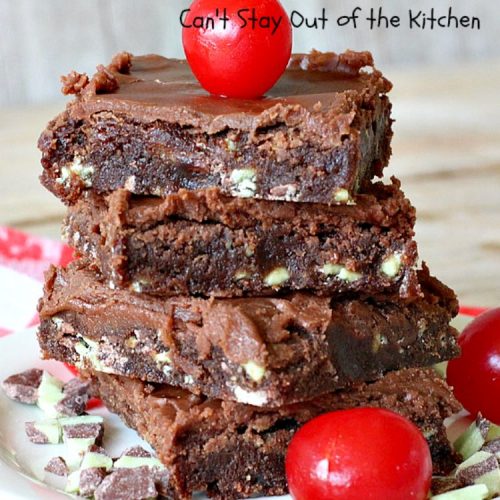 Creme De Menthe Brownies | Can't Stay Out of the Kitchen | these amazing #brownies include #chocolate & #CremeDeMenthe baking chips. They're topped with a luscious #fudge frosting. Perfect for #holiday #baking, #tailgating parties or a #ChristmasCookieExchange. #dessert #ChocolateDessert #HolidayDessert #cookie #CremeDeMentheBrownies