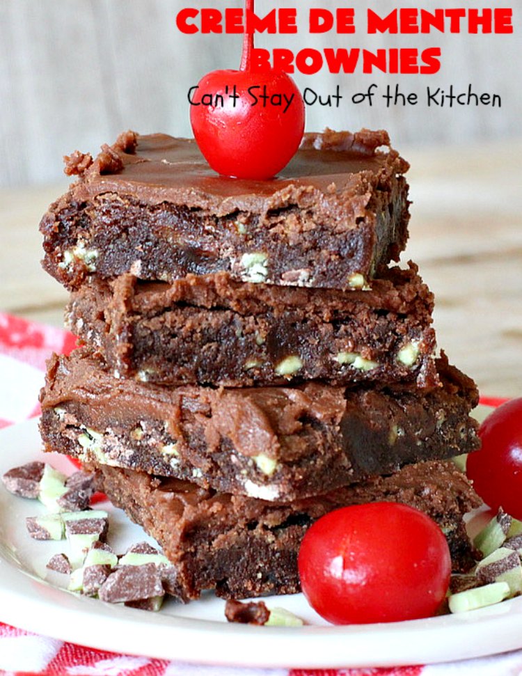 Creme De Menthe Brownies | Can't Stay Out of the Kitchen | these amazing #brownies include #chocolate & #CremeDeMenthe baking chips. They're topped with a luscious #fudge frosting. Perfect for #holiday #baking, #tailgating parties or a #ChristmasCookieExchange. #dessert #ChocolateDessert #HolidayDessert #cookie #CremeDeMentheBrownies