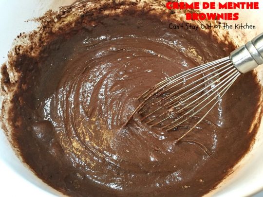 Creme De Menthe Brownies | Can't Stay Out of the Kitchen | these amazing #brownies include #chocolate & #CremeDeMenthe baking chips. They're topped with a luscious #fudge frosting. Perfect for #holiday #baking, #tailgating parties or a #ChristmasCookieExchange. #dessert #ChocolateDessert #HolidayDessert #cookie #CremeDeMentheBrownies