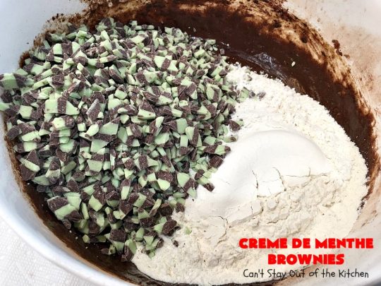 Creme De Menthe Brownies | Can't Stay Out of the Kitchen | these amazing #brownies include #chocolate & #CremeDeMenthe baking chips. They're topped with a luscious #fudge frosting. Perfect for #holiday #baking, #tailgating parties or a #ChristmasCookieExchange. #dessert #ChocolateDessert #HolidayDessert #cookie #CremeDeMentheBrownies