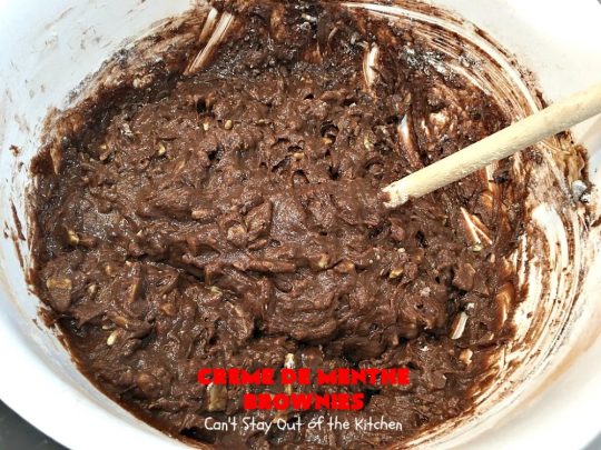 Creme De Menthe Brownies | Can't Stay Out of the Kitchen | these amazing #brownies include #chocolate & #CremeDeMenthe baking chips. They're topped with a luscious #fudge frosting. Perfect for #holiday #baking, #tailgating parties or a #ChristmasCookieExchange. #dessert #ChocolateDessert #HolidayDessert #cookie #CremeDeMentheBrownies