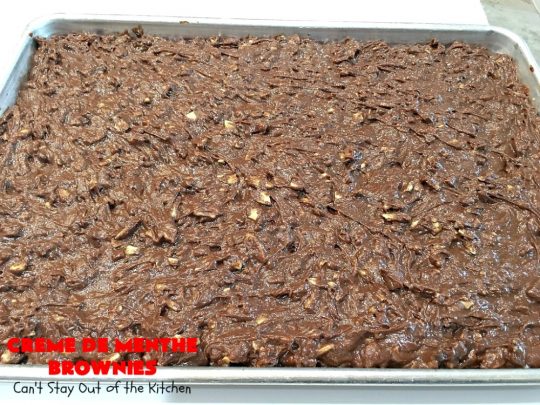 Creme De Menthe Brownies | Can't Stay Out of the Kitchen | these amazing #brownies include #chocolate & #CremeDeMenthe baking chips. They're topped with a luscious #fudge frosting. Perfect for #holiday #baking, #tailgating parties or a #ChristmasCookieExchange. #dessert #ChocolateDessert #HolidayDessert #cookie #CremeDeMentheBrownies