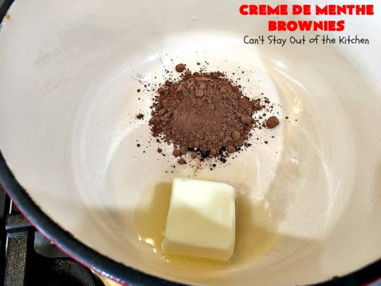 Creme De Menthe Brownies | Can't Stay Out of the Kitchen | these amazing #brownies include #chocolate & #CremeDeMenthe baking chips. They're topped with a luscious #fudge frosting. Perfect for #holiday #baking, #tailgating parties or a #ChristmasCookieExchange. #dessert #ChocolateDessert #HolidayDessert #cookie #CremeDeMentheBrownies