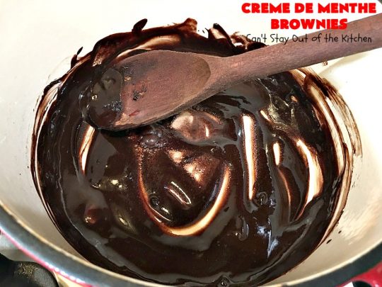 Creme De Menthe Brownies | Can't Stay Out of the Kitchen | these amazing #brownies include #chocolate & #CremeDeMenthe baking chips. They're topped with a luscious #fudge frosting. Perfect for #holiday #baking, #tailgating parties or a #ChristmasCookieExchange. #dessert #ChocolateDessert #HolidayDessert #cookie #CremeDeMentheBrownies