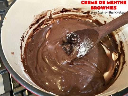 Creme De Menthe Brownies | Can't Stay Out of the Kitchen | these amazing #brownies include #chocolate & #CremeDeMenthe baking chips. They're topped with a luscious #fudge frosting. Perfect for #holiday #baking, #tailgating parties or a #ChristmasCookieExchange. #dessert #ChocolateDessert #HolidayDessert #cookie #CremeDeMentheBrownies