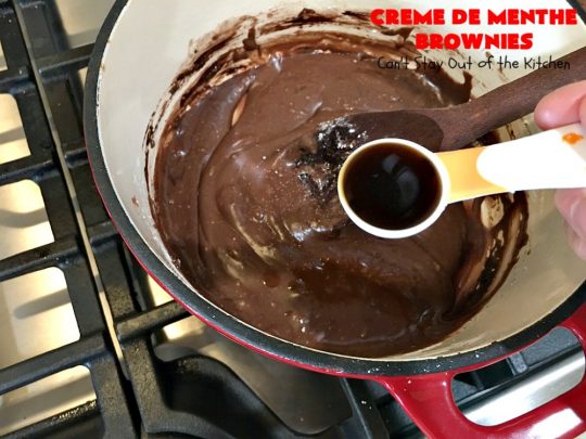Creme De Menthe Brownies | Can't Stay Out of the Kitchen | these amazing #brownies include #chocolate & #CremeDeMenthe baking chips. They're topped with a luscious #fudge frosting. Perfect for #holiday #baking, #tailgating parties or a #ChristmasCookieExchange. #dessert #ChocolateDessert #HolidayDessert #cookie #CremeDeMentheBrownies