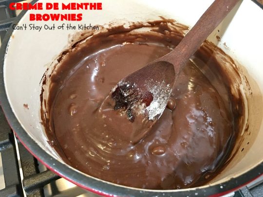 Creme De Menthe Brownies | Can't Stay Out of the Kitchen | these amazing #brownies include #chocolate & #CremeDeMenthe baking chips. They're topped with a luscious #fudge frosting. Perfect for #holiday #baking, #tailgating parties or a #ChristmasCookieExchange. #dessert #ChocolateDessert #HolidayDessert #cookie #CremeDeMentheBrownies