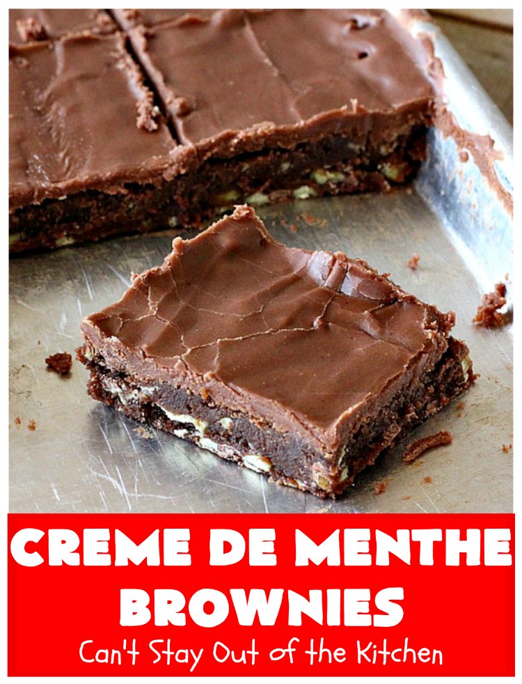 Creme De Menthe Brownies | Can't Stay Out of the Kitchen | these amazing #brownies include #chocolate & #CremeDeMenthe baking chips. They're topped with a luscious #fudge frosting. Perfect for #holiday #baking, #tailgating parties or a #ChristmasCookieExchange. #dessert #ChocolateDessert #HolidayDessert #cookie #CremeDeMentheBrownies