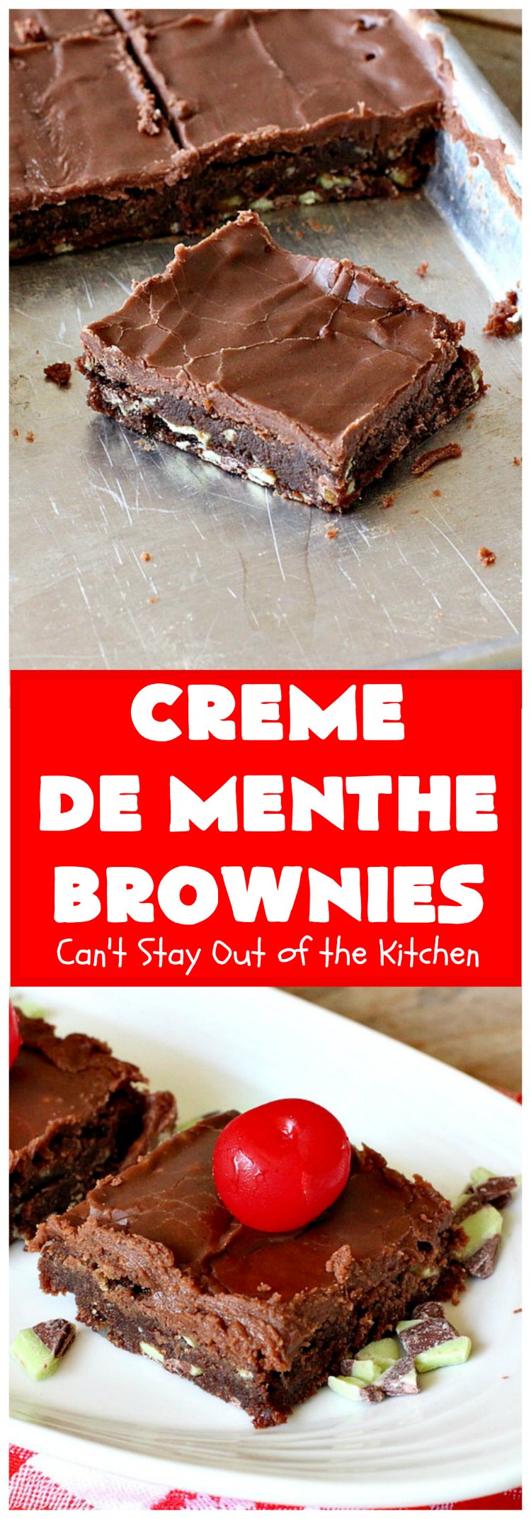 Creme De Menthe Brownies | Can't Stay Out of the Kitchen | these amazing #brownies include #chocolate & #CremeDeMenthe baking chips. They're topped with a luscious #fudge frosting. Perfect for #holiday #baking, #tailgating parties or a #ChristmasCookieExchange. #dessert #ChocolateDessert #HolidayDessert #cookie #CremeDeMentheBrownies