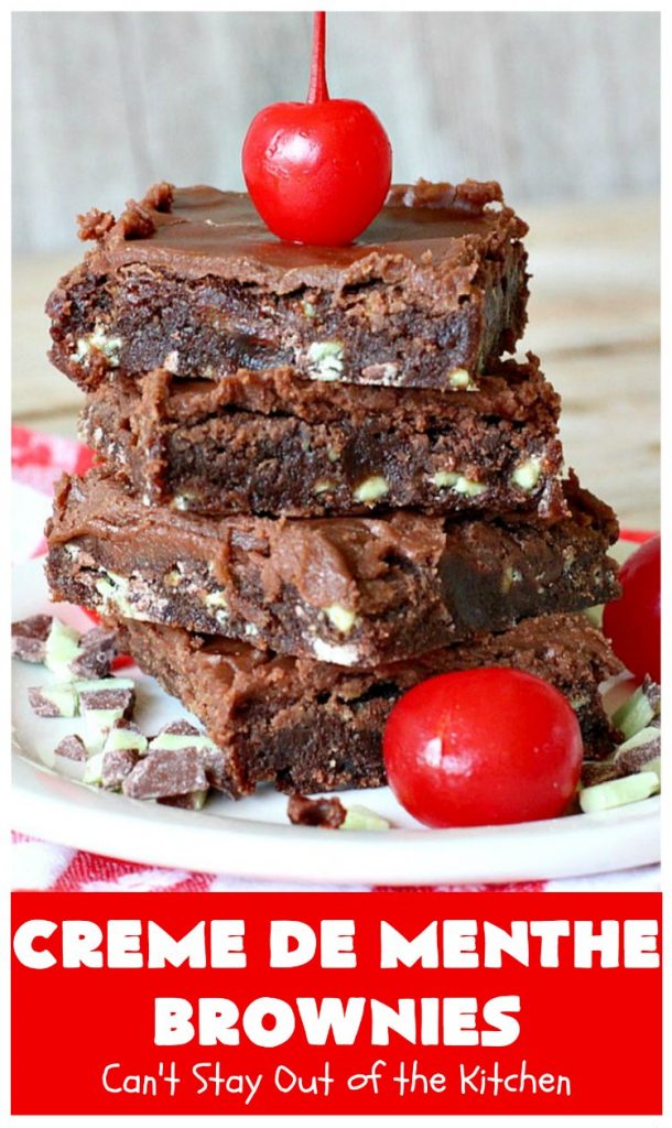 Creme De Menthe Brownies | Can't Stay Out of the Kitchen | these amazing #brownies include #chocolate & #CremeDeMenthe baking chips. They're topped with a luscious #fudge frosting. Perfect for #holiday #baking, #tailgating parties or a #ChristmasCookieExchange. #dessert #ChocolateDessert #HolidayDessert #cookie #CremeDeMentheBrownies
