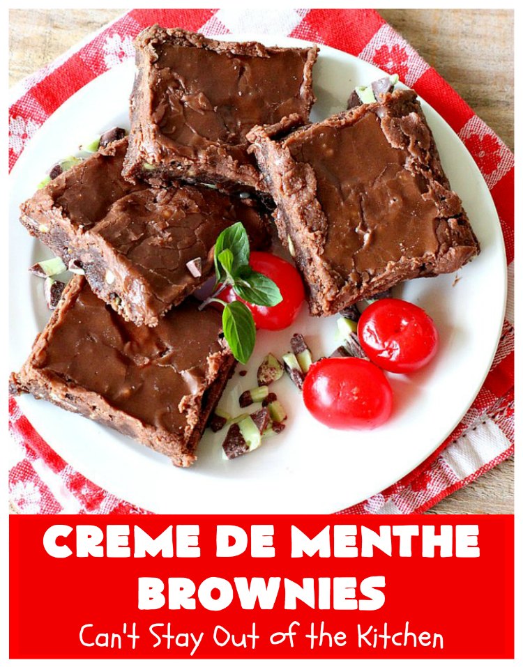 Creme De Menthe Brownies | Can't Stay Out of the Kitchen | these amazing #brownies include #chocolate & #CremeDeMenthe baking chips. They're topped with a luscious #fudge frosting. Perfect for #holiday #baking, #tailgating parties or a #ChristmasCookieExchange. #dessert #ChocolateDessert #HolidayDessert #cookie #CremeDeMentheBrownies