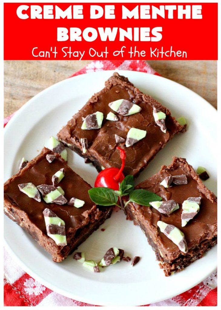 Creme De Menthe Brownies | Can't Stay Out of the Kitchen | these amazing #brownies include #chocolate & #CremeDeMenthe baking chips. They're topped with a luscious #fudge frosting. Perfect for #holiday #baking, #tailgating parties or a #ChristmasCookieExchange. #dessert #ChocolateDessert #HolidayDessert #cookie #CremeDeMentheBrownies