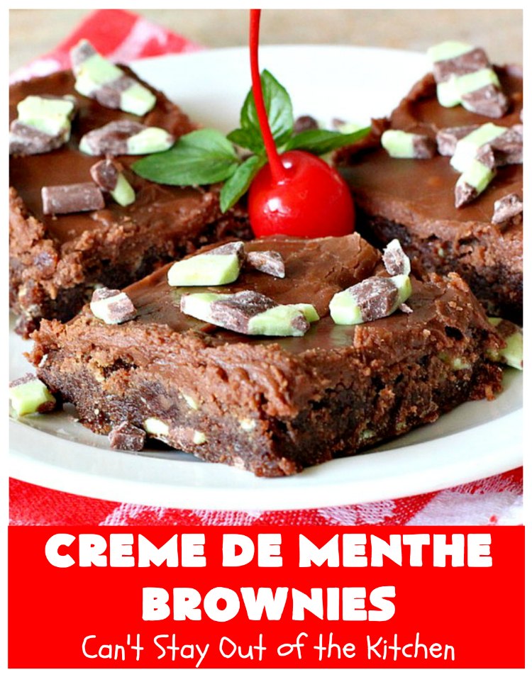 Creme De Menthe Brownies | Can't Stay Out of the Kitchen | these amazing #brownies include #chocolate & #CremeDeMenthe baking chips. They're topped with a luscious #fudge frosting. Perfect for #holiday #baking, #tailgating parties or a #ChristmasCookieExchange. #dessert #ChocolateDessert #HolidayDessert #cookie #CremeDeMentheBrownies