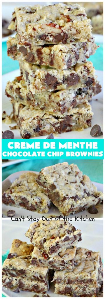 Creme De Menthe Chocolate Chip Brownies | Can't Stay Out of the Kitchen | these spectacular #brownies are #chocolate on steroids! They are rich, decadent and so heavenly. Every bite is filled with #ChocolateChips & #Andes #CremeDeMenthe baking chips. Delightful for #tailgating parties or #ChristmasCookieExchanges. #dessert #ChocolateDessert #MintDessert #CremeDeMentheDessert #Holiday #AndesCremeDeMentheBakingChips #HolidayDessert