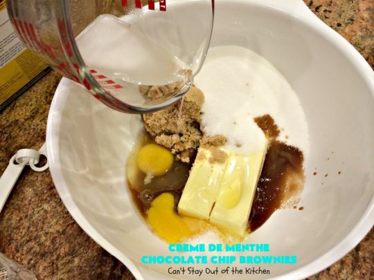 Creme De Menthe Chocolate Chip Brownies | Can't Stay Out of the Kitchen | these spectacular #brownies are #chocolate on steroids! They are rich, decadent and so heavenly. Every bite is filled with #ChocolateChips & #Andes #CremeDeMenthe baking chips. Delightful for #tailgating parties or #ChristmasCookieExchanges. #dessert #ChocolateDessert #MintDessert #CremeDeMentheDessert #Holiday #AndesCremeDeMentheBakingChips #HolidayDessert