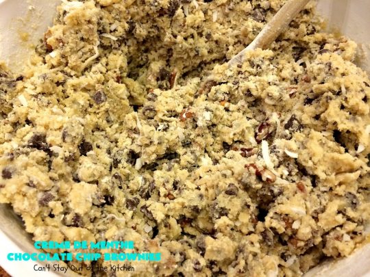 Creme De Menthe Chocolate Chip Brownies | Can't Stay Out of the Kitchen | these spectacular #brownies are #chocolate on steroids! They are rich, decadent and so heavenly. Every bite is filled with #ChocolateChips & #Andes #CremeDeMenthe baking chips. Delightful for #tailgating parties or #ChristmasCookieExchanges. #dessert #ChocolateDessert #MintDessert #CremeDeMentheDessert #Holiday #AndesCremeDeMentheBakingChips #HolidayDessert