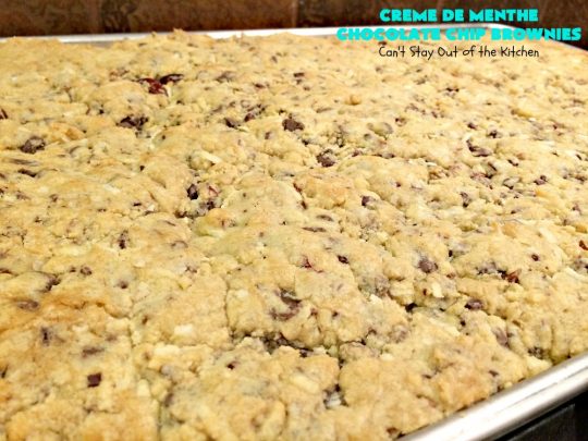 Creme De Menthe Chocolate Chip Brownies | Can't Stay Out of the Kitchen | these spectacular #brownies are #chocolate on steroids! They are rich, decadent and so heavenly. Every bite is filled with #ChocolateChips & #Andes #CremeDeMenthe baking chips. Delightful for #tailgating parties or #ChristmasCookieExchanges. #dessert #ChocolateDessert #MintDessert #CremeDeMentheDessert #Holiday #AndesCremeDeMentheBakingChips #HolidayDessert