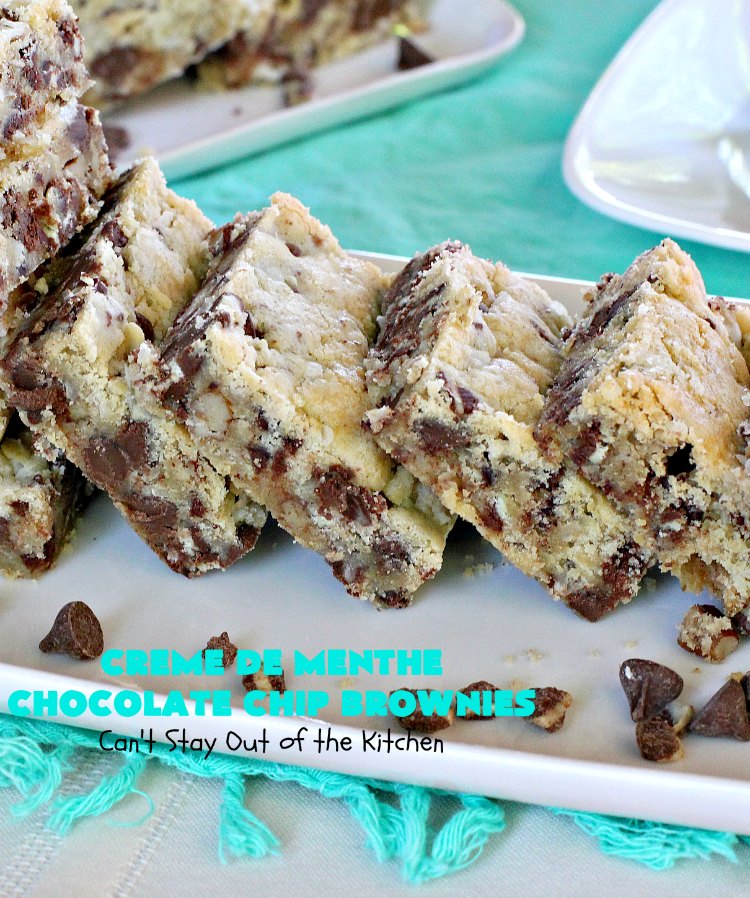Creme De Menthe Chocolate Chip Brownies | Can't Stay Out of the Kitchen | these spectacular #brownies are #chocolate on steroids! They are rich, decadent and so heavenly. Every bite is filled with #ChocolateChips & #Andes #CremeDeMenthe baking chips. Delightful for #tailgating parties or #ChristmasCookieExchanges. #dessert #ChocolateDessert #MintDessert #CremeDeMentheDessert #Holiday #AndesCremeDeMentheBakingChips #HolidayDessert