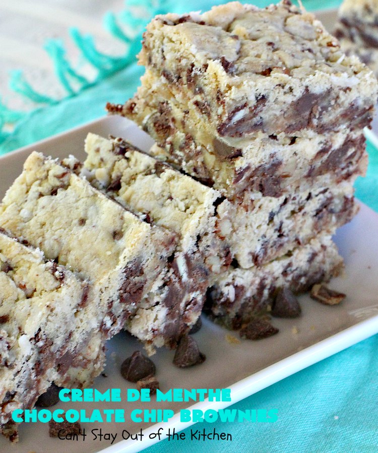 Creme De Menthe Chocolate Chip Brownies | Can't Stay Out of the Kitchen | these spectacular #brownies are #chocolate on steroids! They are rich, decadent and so heavenly. Every bite is filled with #ChocolateChips & #Andes #CremeDeMenthe baking chips. Delightful for #tailgating parties or #ChristmasCookieExchanges. #dessert #ChocolateDessert #MintDessert #CremeDeMentheDessert #Holiday #AndesCremeDeMentheBakingChips #HolidayDessert
