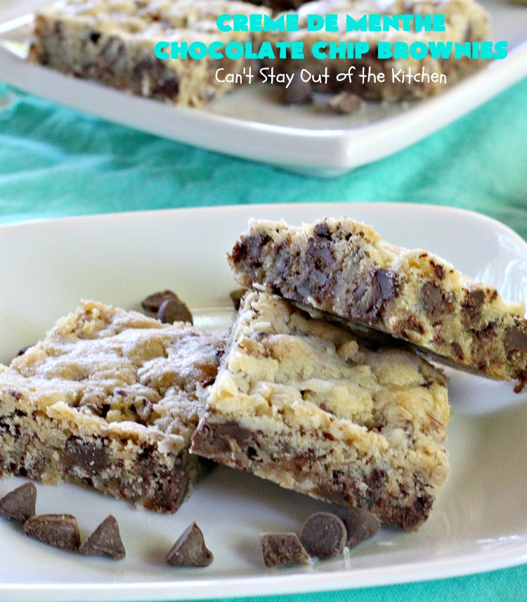 Creme De Menthe Chocolate Chip Brownies | Can't Stay Out of the Kitchen | these spectacular #brownies are #chocolate on steroids! They are rich, decadent and so heavenly. Every bite is filled with #ChocolateChips & #Andes #CremeDeMenthe baking chips. Delightful for #tailgating parties or #ChristmasCookieExchanges. #dessert #ChocolateDessert #MintDessert #CremeDeMentheDessert #Holiday #AndesCremeDeMentheBakingChips #HolidayDessert