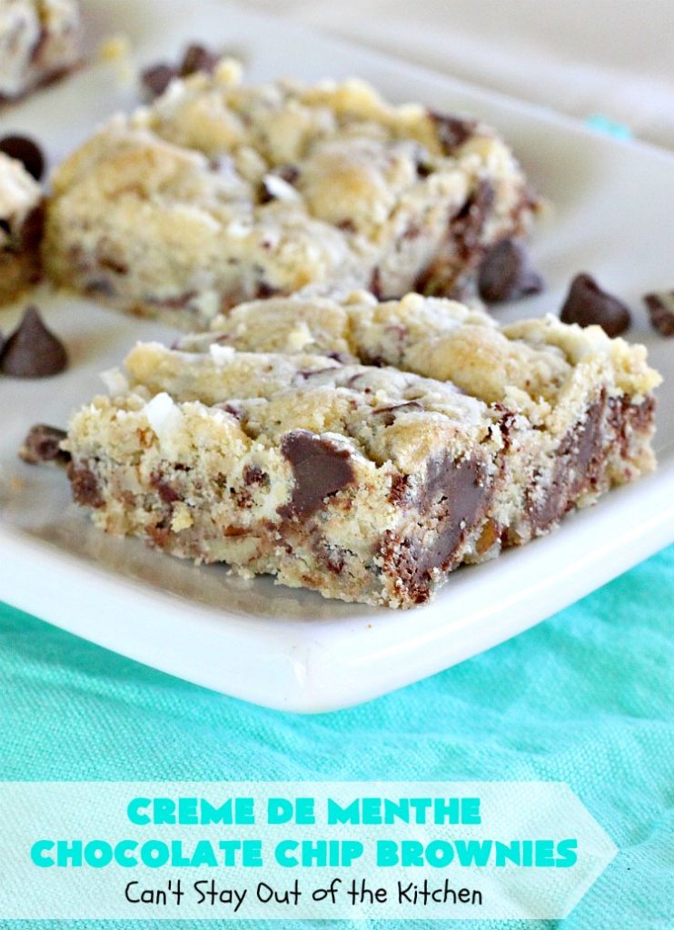 Creme De Menthe Chocolate Chip Brownies | Can't Stay Out of the Kitchen | these spectacular #brownies are #chocolate on steroids! They are rich, decadent and so heavenly. Every bite is filled with #ChocolateChips & #Andes #CremeDeMenthe baking chips. Delightful for #tailgating parties or #ChristmasCookieExchanges. #dessert #ChocolateDessert #MintDessert #CremeDeMentheDessert #Holiday #AndesCremeDeMentheBakingChips #HolidayDessert