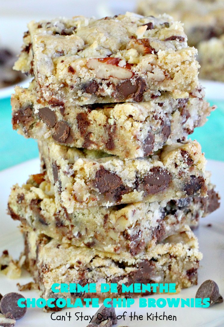 Creme De Menthe Chocolate Chip Brownies | Can't Stay Out of the Kitchen | these spectacular #brownies are #chocolate on steroids! They are rich, decadent and so heavenly. Every bite is filled with #ChocolateChips & #Andes #CremeDeMenthe baking chips. Delightful for #tailgating parties or #ChristmasCookieExchanges. #dessert #ChocolateDessert #MintDessert #CremeDeMentheDessert #Holiday #AndesCremeDeMentheBakingChips #HolidayDessert