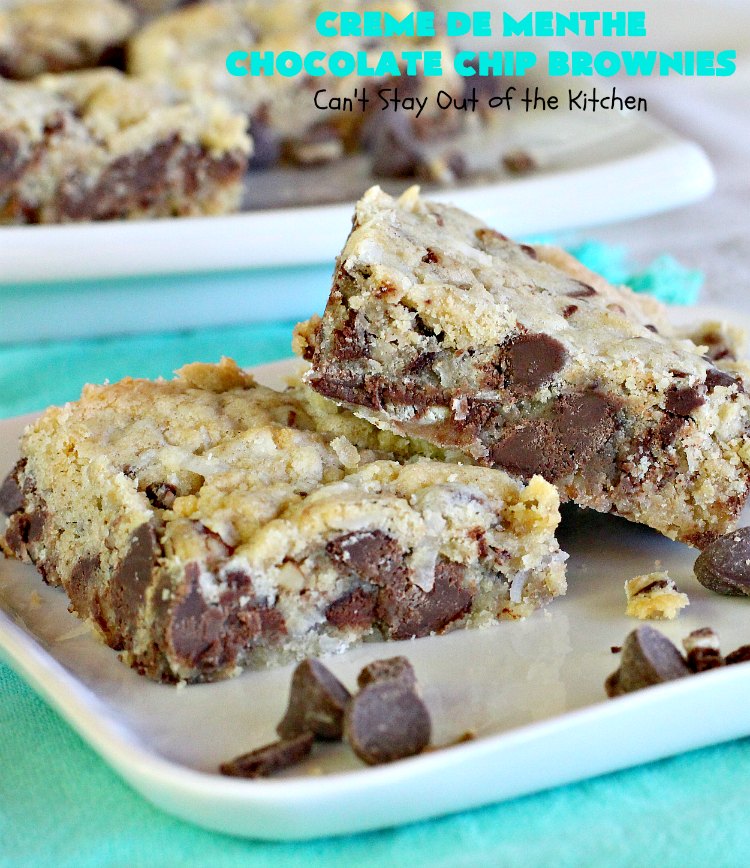 Creme De Menthe Chocolate Chip Brownies | Can't Stay Out of the Kitchen | these spectacular #brownies are #chocolate on steroids! They are rich, decadent and so heavenly. Every bite is filled with #ChocolateChips & #Andes #CremeDeMenthe baking chips. Delightful for #tailgating parties or #ChristmasCookieExchanges. #dessert #ChocolateDessert #MintDessert #CremeDeMentheDessert #Holiday #AndesCremeDeMentheBakingChips #HolidayDessert