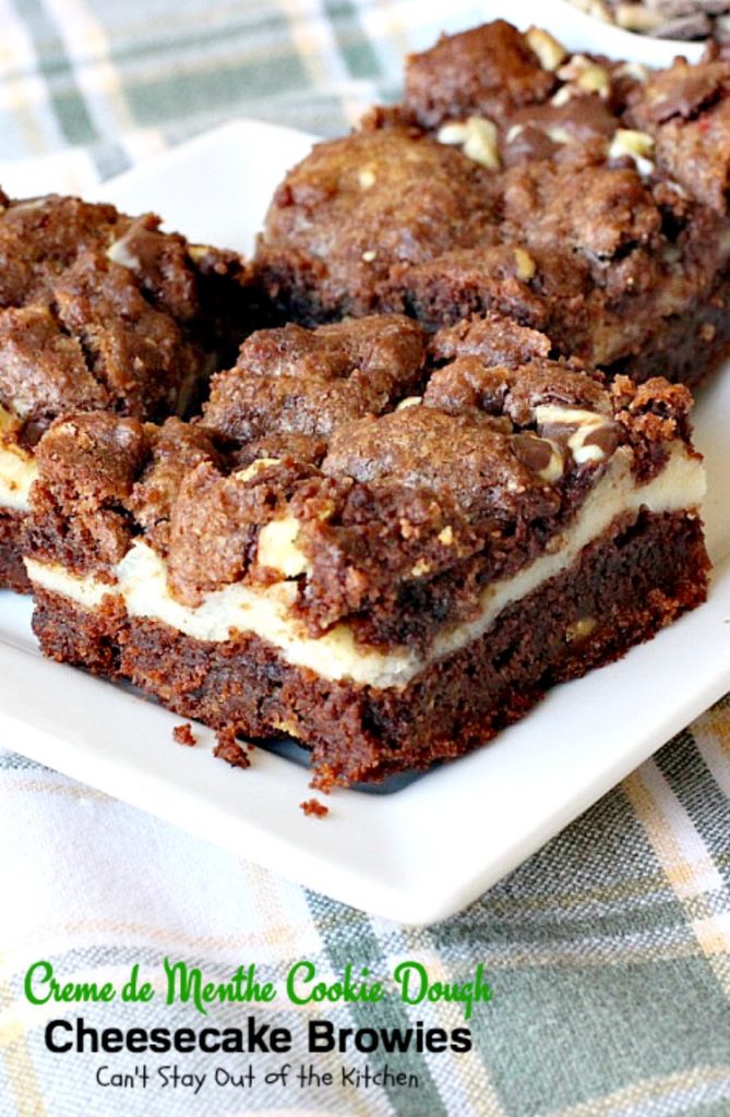 Creme de Menthe Cookie Dough Cheesecake Brownies | Can't Stay Out of the Kitchen | these scrumptious #brownies are to die for! They have a luscious #cheesecake layer and are filled with #cremedementhe baking chips for a delectable minty taste. Love these. #dessert