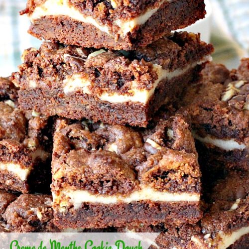 Creme de Menthe Cookie Dough Cheesecake Brownies | Can't Stay Out of the Kitchen | these scrumptious #brownies are to die for! They have a luscious #cheesecake layer and are filled with #cremedementhe baking chips for a delectable minty taste. Love these. #dessert