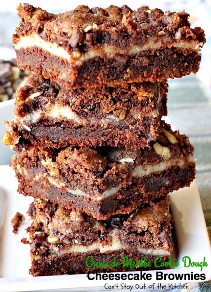 Creme de Menthe Cookie Dough Cheesecake Brownies | Can't Stay Out of the Kitchen | these scrumptious #brownies are to die for! They have a luscious #cheesecake layer and are filled with #cremedementhe baking chips for a delectable minty taste. Love these. #dessert