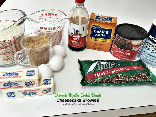 Creme de Menthe Cookie Dough Cheesecake Brownies | Can't Stay Out of the Kitchen | these scrumptious #brownies are to die for! They have a luscious #cheesecake layer and are filled with #cremedementhe baking chips for a delectable minty taste. Love these. #dessert