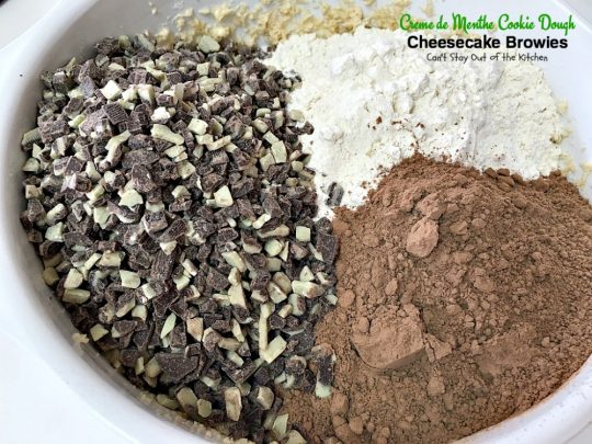 Creme de Menthe Cookie Dough Cheesecake Brownies | Can't Stay Out of the Kitchen | these scrumptious #brownies are to die for! They have a luscious #cheesecake layer and are filled with #cremedementhe baking chips for a delectable minty taste. Love these. #dessert
