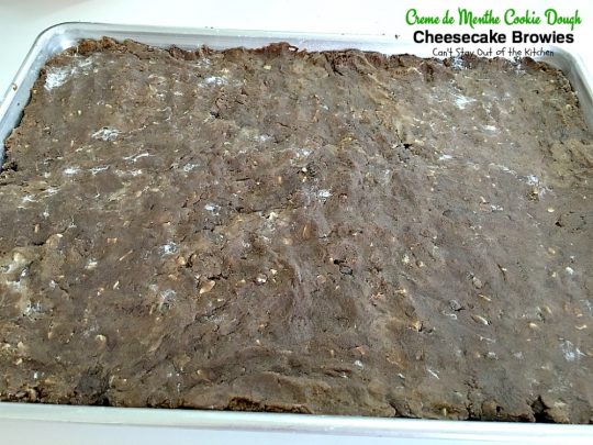 Creme de Menthe Cookie Dough Cheesecake Brownies | Can't Stay Out of the Kitchen | these scrumptious #brownies are to die for! They have a luscious #cheesecake layer and are filled with #cremedementhe baking chips for a delectable minty taste. Love these. #dessert