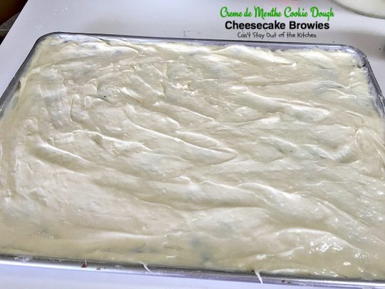 Creme de Menthe Cookie Dough Cheesecake Brownies | Can't Stay Out of the Kitchen | these scrumptious #brownies are to die for! They have a luscious #cheesecake layer and are filled with #cremedementhe baking chips for a delectable minty taste. Love these. #dessert