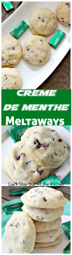 Creme de Menthe Meltaways | Can't Stay Out of the Kitchen | these fabulous melt-in-your-mouth #cookies use #Andes #cremedementhe baking chips. Awesome for #holidays or #StPatricksDay. #dessert #chocolate