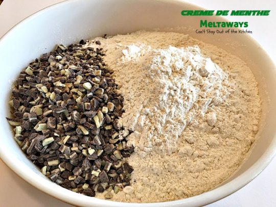Creme de Menthe Meltaways | Can't Stay Out of the Kitchen | these fabulous melt-in-your-mouth #cookies use #Andes #cremedementhe baking chips. Awesome for #holidays or #StPatricksDay. #dessert #chocolate