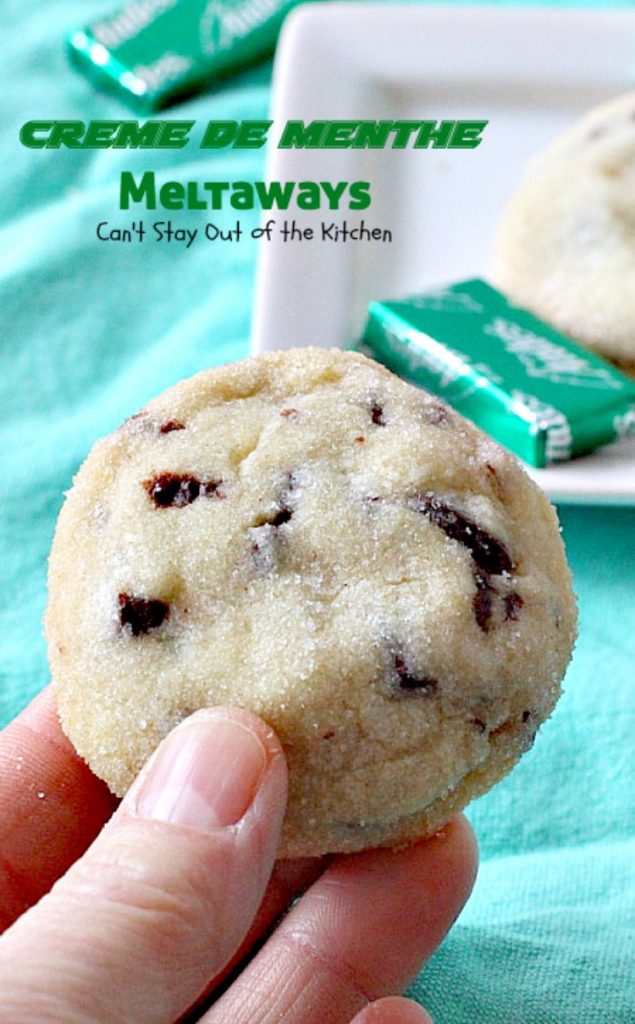 Creme de Menthe Meltaways | Can't Stay Out of the Kitchen | these fabulous melt-in-your-mouth #cookies use #Andes #cremedementhe baking chips. Awesome for #holidays or #StPatricksDay. #dessert #chocolate