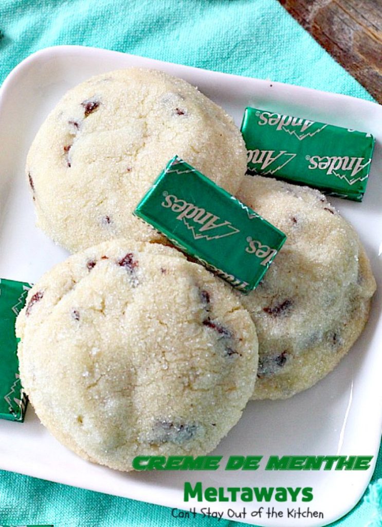 Creme de Menthe Meltaways | Can't Stay Out of the Kitchen | these fabulous melt-in-your-mouth #cookies use #Andes #cremedementhe baking chips. Awesome for #holidays or #StPatricksDay. #dessert #chocolate
