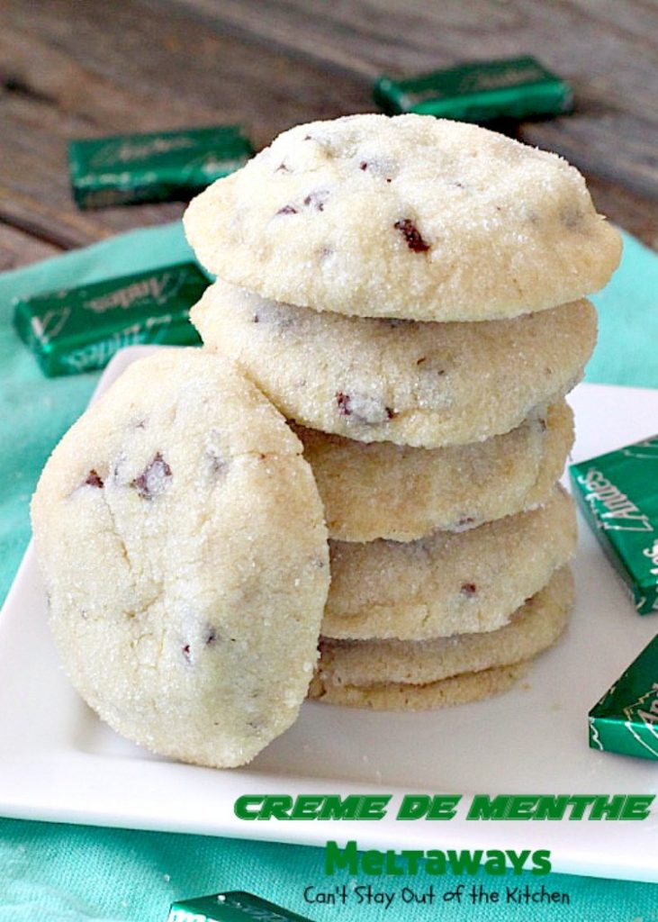 Creme de Menthe Meltaways | Can't Stay Out of the Kitchen | these fabulous melt-in-your-mouth #cookies use #Andes #cremedementhe baking chips. Awesome for #holidays or #StPatricksDay. #dessert #chocolate