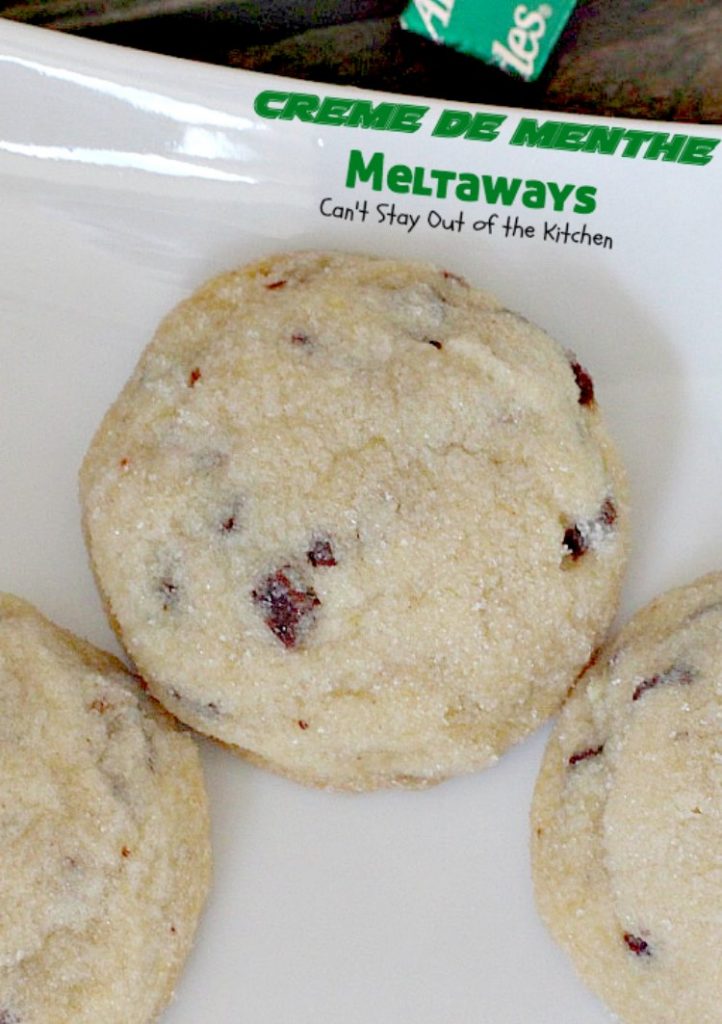 Creme de Menthe Meltaways | Can't Stay Out of the Kitchen | these fabulous melt-in-your-mouth #cookies use #Andes #cremedementhe baking chips. Awesome for #holidays or #StPatricksDay. #dessert #chocolate