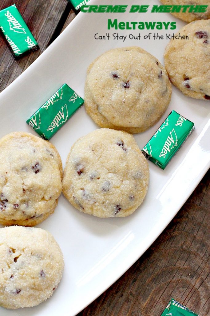 Creme de Menthe Meltaways | Can't Stay Out of the Kitchen | these fabulous melt-in-your-mouth #cookies use #Andes #cremedementhe baking chips. Awesome for #holidays or #StPatricksDay. #dessert #chocolate
