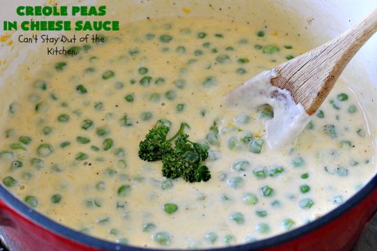 Creole Peas in Cheese Sauce | Can't Stay Out of the Kitchen | this wonderful #sidedish is flavored with #Creole seasoning & #cheddarcheese. It takes less than 10 minutes to make so it's perfect for #holiday or company dinners. #peas #vegetable